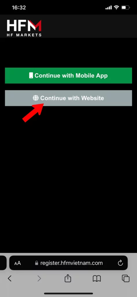 Chọn vào ô "Continue with Website"
