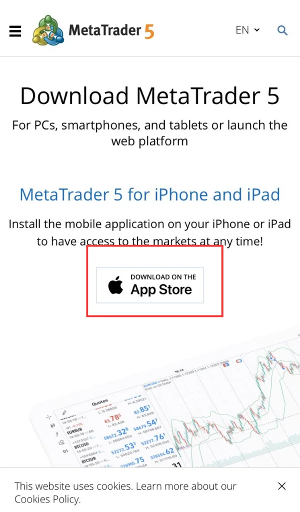 Mt5 download bằng cách click vào ô 'Download on the App Store".