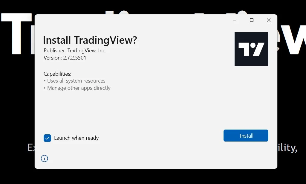Nhấn vào Install để hoàn tất việc Tradingview download